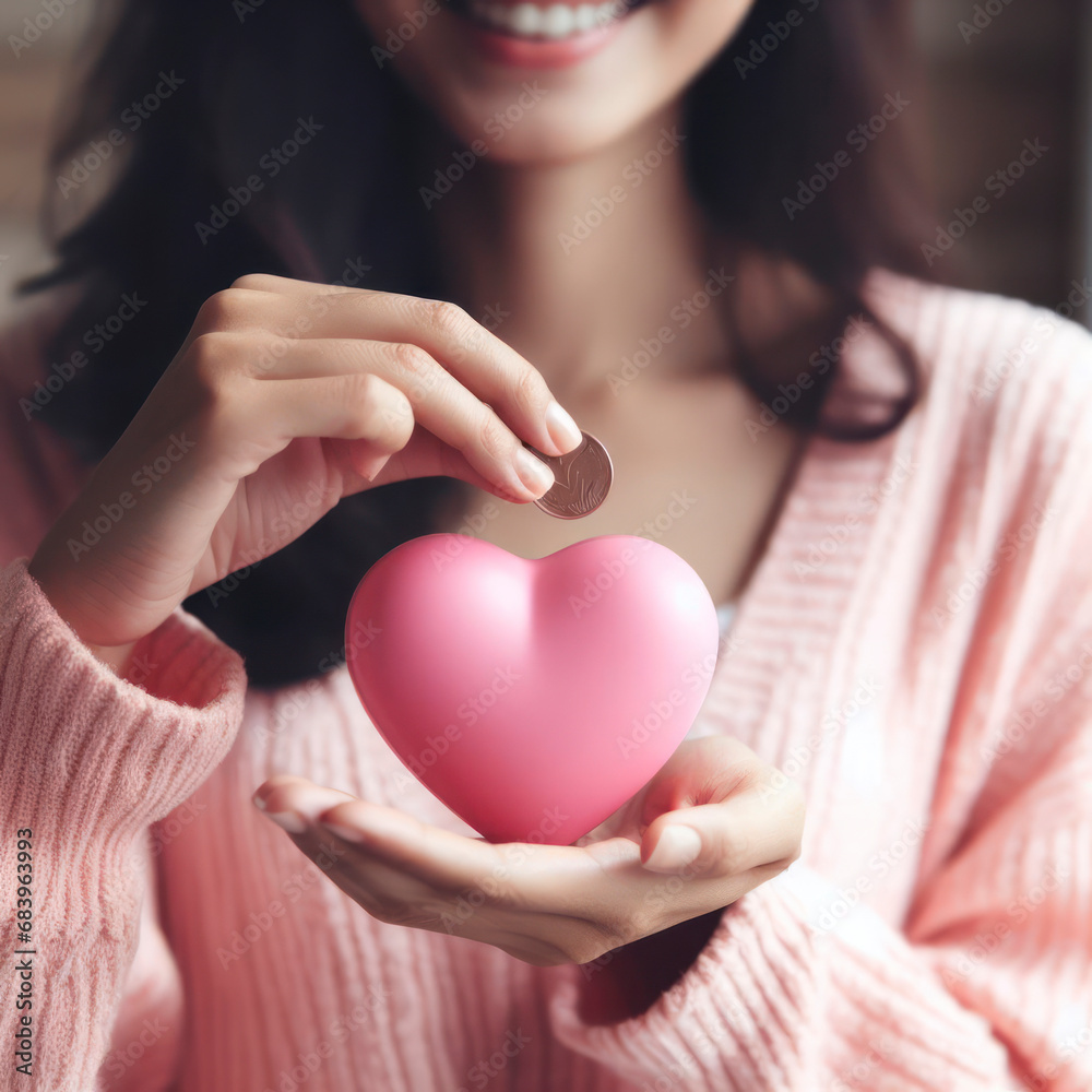 Woman hands holding pink heart, donate and family insurance concept, World heart day. ai generative Woman hands holding pink heart, donate and family insurance concept, World heart day. ai generative