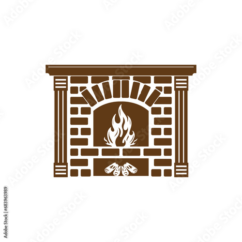 Vintage Retro Brick Stone Furnace Fireplace Bonfire Illustration
