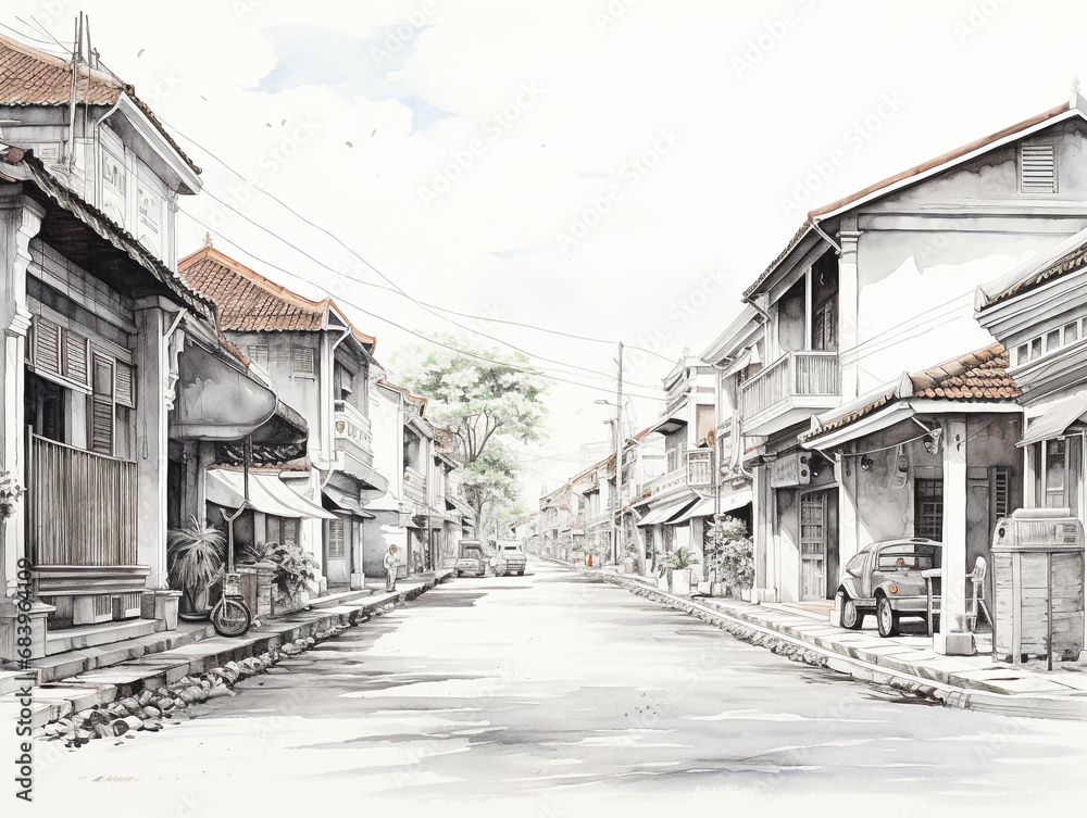 A typical view of an old small town in Southeast Asia. It is usually inhabited by Chinese immigrants who were brought by the colonists. Black and white pencil & watercolor illustration.

