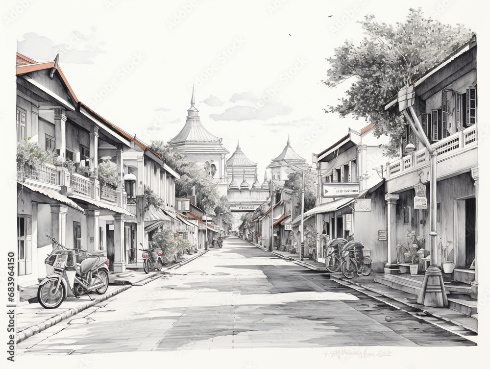 A typical view of an old small town in Southeast Asia. It is usually inhabited by Chinese immigrants who were brought by the colonists. Black and white pencil & watercolor illustration.
 - obrazy, fototapety, plakaty 