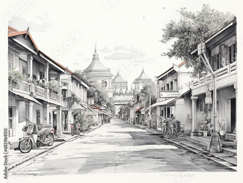 A typical view of an old small town in Southeast Asia. It is usually inhabited by Chinese immigrants who were brought by the colonists. Black and white pencil & watercolor illustration. 
