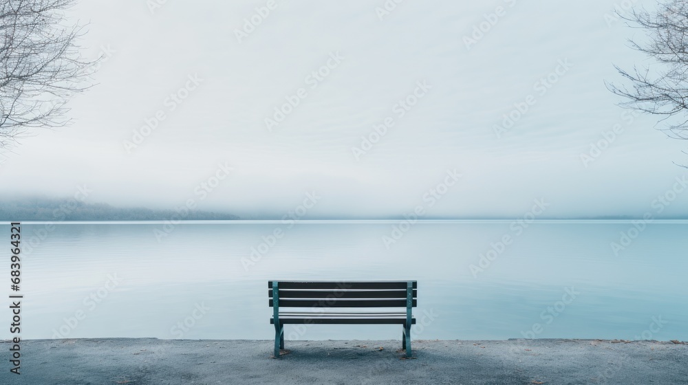  a bench sitting on the edge of a body of water with a tree in the foreground and a foggy sky in the background.