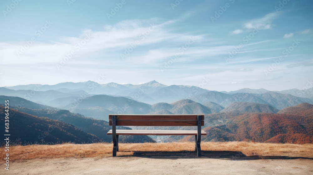 a wooden bench sitting on top of a dry grass covered field next to a lush green valley filled with mountains. a wooden bench sitting on top of a dry grass covered field next to a lush green valley filled with mountains.
