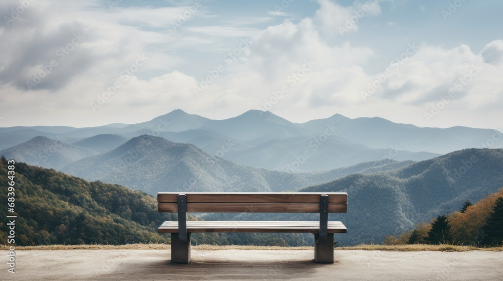  a wooden bench sitting on top of a dirt field next to a lush green hillside covered in forest covered mountains.