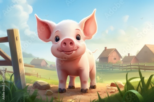 Cute Cartoon Storybook Pig Illustration on a Farm