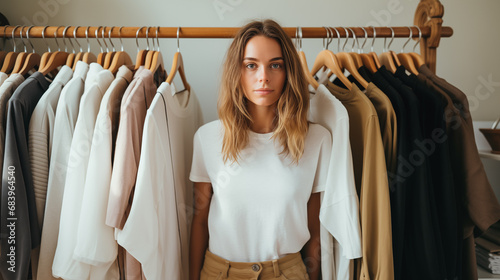 Woman chooses an outfit on hangers with clothes at home or in a store. Shopping and sales in clothing stores. Close-up of female hands and clothes on a hanger. Fashion girl. Generated AI