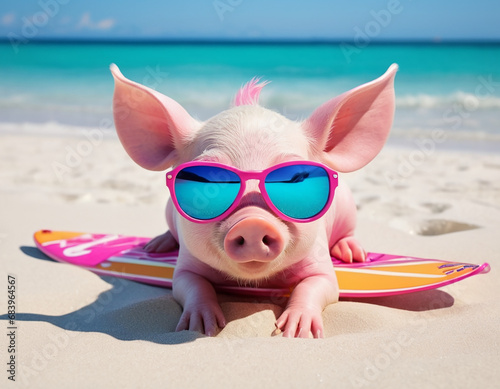 A pink piglet swims in the sea and skis and lies on the beach in sunglasses. © Tetyana Pavlovna