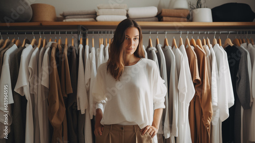 Woman chooses an outfit on hangers with clothes at home or in a store. Shopping and sales in clothing stores. Close-up of female hands and clothes on a hanger. Fashion girl. Generated AI