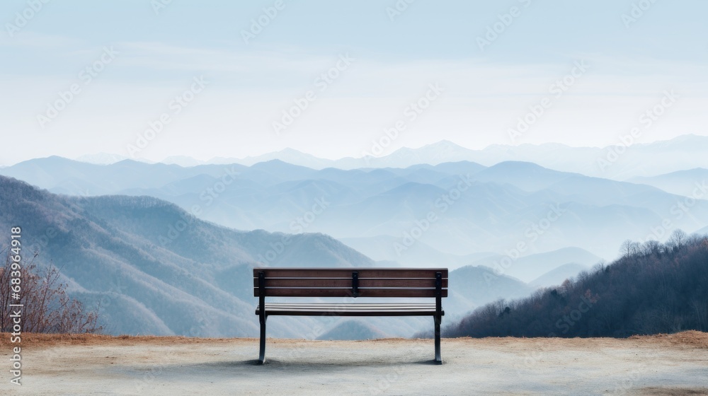  a wooden bench sitting on top of a dirt field next to a mountain covered in foggy mist covered mountains.