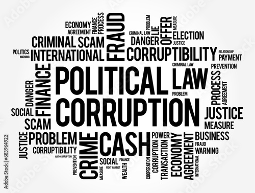 Political Corruption is the use of powers by government officials or their network contacts for illegitimate private gain, word cloud concept background