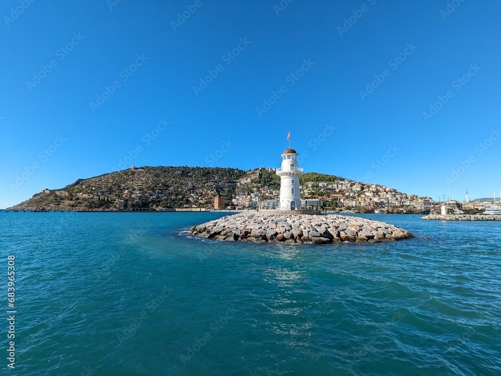 Alanya harbour and beaches on the Turkish riviera coast line,Alanya region,Turkey,panorama landscape view LIGHTHOUSE