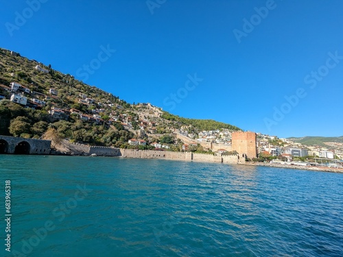 Alanya harbour and beaches on the Turkish riviera coast line,Alanya region,Turkey,panorama landscape view