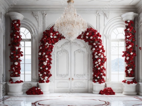 Marble room backdrop, red and white colors, chandelier with roses, fancy,  luxurious, arched doorway, white moldings, wedding backdrop, maternity backdrop photo