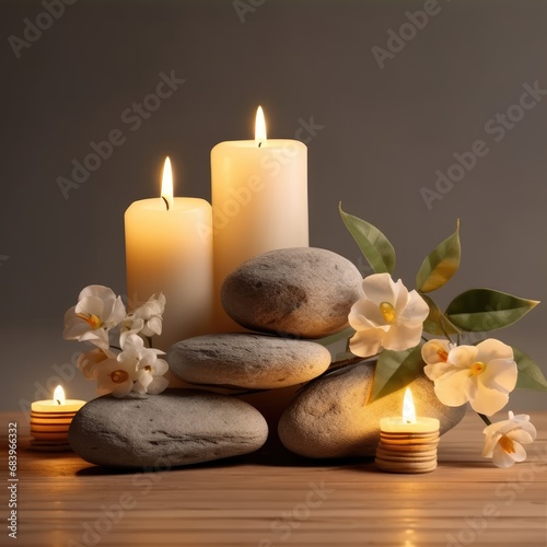 Zen basalt stones, orchid and candles, lifestyle, AI generated.