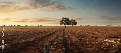 Scenic a field with trees and dirt way on sunset view. AI generated image photo