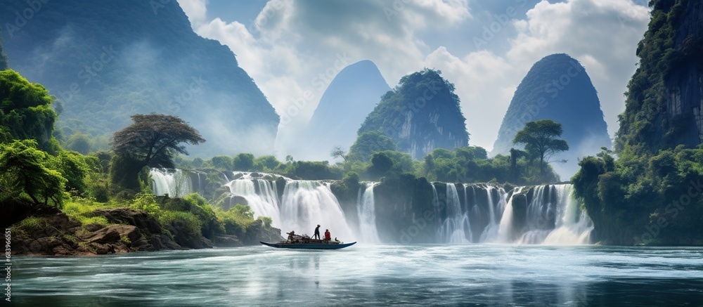 Cascade human fishing on boat with natural rural landscape. AI generated image - obrazy, fototapety, plakaty 