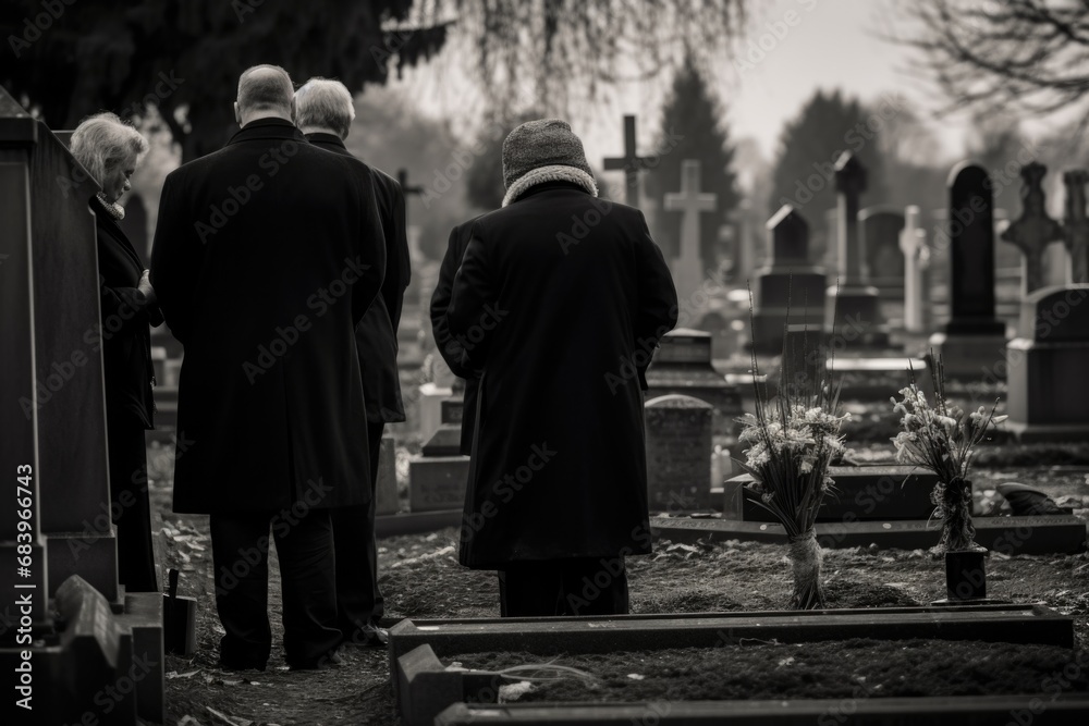 Naklejka premium Burial with relatives in black and white