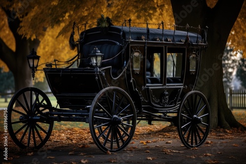 Horse-drawn carriage funeral in autumn