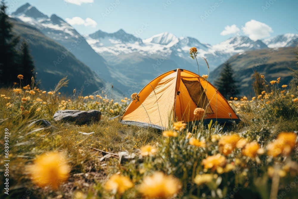 Camping in the mountains with tent standing on a hill with beautiful landscape. tourism concept Camping in the mountains with tent standing on a hill with beautiful landscape. tourism concept