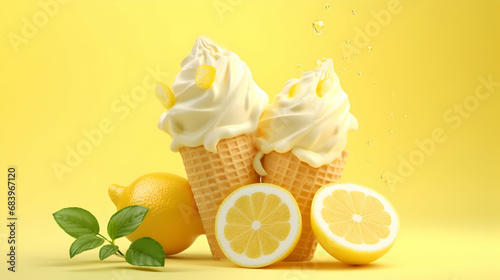Lemonade lemon ice cream. Scoops of italian dessert with waffle cone on isolated background. Illustration for banners, landing pages and web pages with summer motifs. Copy space. Generative AI