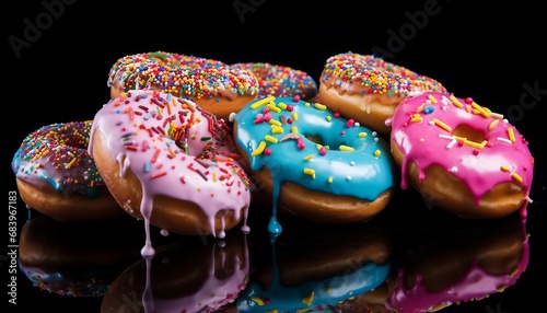 Group of six whole donut with sprinkles isolated on black glass, Group of assorted donuts with chocolate frosted, pink glazed and sprinkles on black background