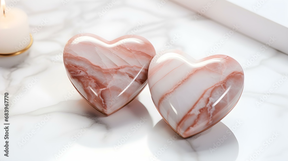 Close up of two rose gold Hearts on a white Marble Background. Romantic Backdrop with Copy Space Close up of two rose gold Hearts on a white Marble Background. Romantic Backdrop with Copy Space