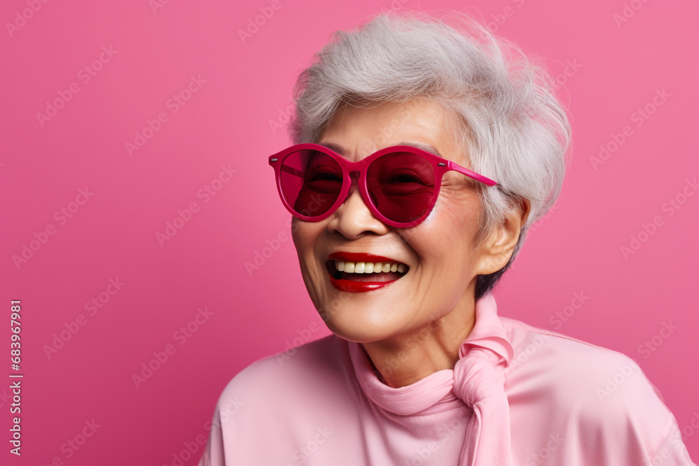 Portrait of a smiling happy asian woman with gray hair over pink background. . High quality photo Portrait of a smiling happy asian woman with gray hair over pink background. . High quality photo