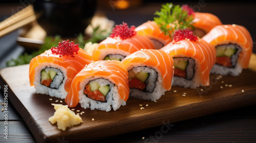 Japanese sushi, rolls, fish, salmon, sashimi, decor, meal, dinner, beautiful food, festive, restaurant, cafe, rice, nori, serving a dish, holiday, seafood, tuna, tasty treat, delicious