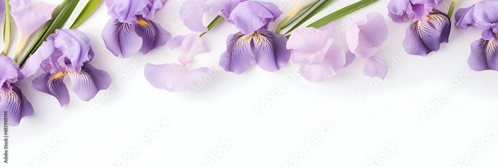Bunch of purple iris flowers background, floral border against bright light background, top view. Layout for springtime holidays. Mother's day greeting card, generative ai Bunch of purple iris flowers background, floral border against bright light background, top view. Layout for springtime holidays. Mother's day greeting card, generative ai