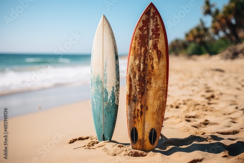 Two surfboards stand on the sand at the beach. Summer beach composition.