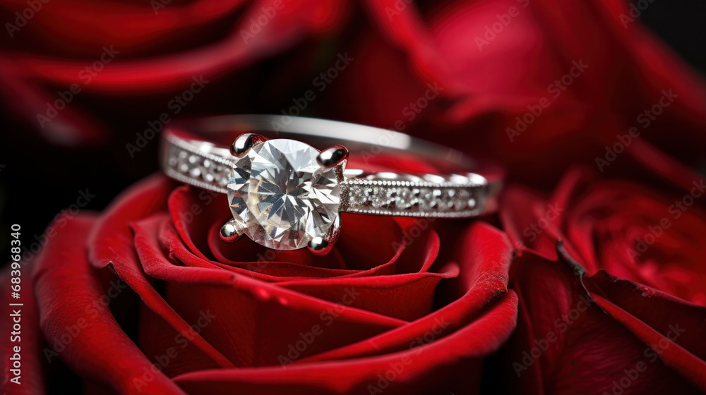 Close-up of a sparkling love promise ring cradled by the delicate curves of a rose. The perfect representation of a romantic bond. Close-up of a sparkling love promise ring cradled by the delicate curves of a rose. The perfect representation of a romantic bond.