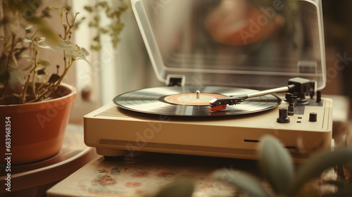 Generative AI, nostalgic retro vinyl recorder, vintage turntable player, muted colors, aesthetic