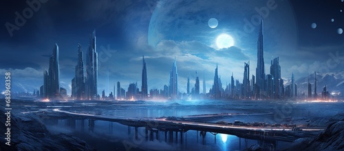 Fantasy blue neon light at cyberpunk city landscape background