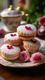 A stack of Valentine's cookie crafts on floral china, invoking romance. These delicacies are ideal for sharing love and sweetness.
