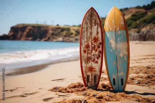 Two surfboards stand on the sand at the beach. Summer beach composition.
