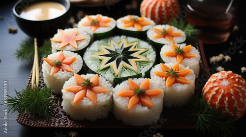 Japanese sushi, snowflake-shaped rolls, fish, salmon, sashimi, decor, meal, dinner, beautiful food, festive, restaurant, cafe, rice, nori, original dish presentation, holiday, Christmas, New Year