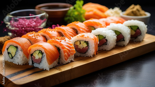 Japanese sushi, rolls, fish, salmon, sashimi, decor, meal, dinner, beautiful food, festive, restaurant, cafe, rice, nori, serving a dish, holiday, seafood, tuna, tasty treat, delicious