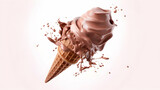 Scoop of chocolate and vanilla ice cream in a wafer cone on a white isolated background. Milky creamy splash. Landing page or advertisement poster template. Summer background. Generative AI.