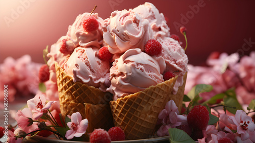 Red currant sherbet ice cream. Scoops of italian dessert with waffle cone on isolated background. Illustration for banners, landing pages and web pages with summer motifs. Copy space. Generative AI photo