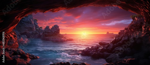 View from the cave along the ocean at golden sunset landscape. AI generated image