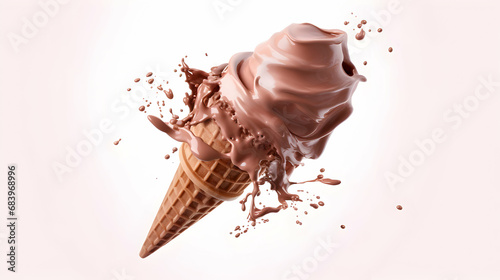 Scoop of chocolate and vanilla ice cream in a wafer cone on a white isolated background. Milky creamy splash. Landing page or advertisement poster template. Summer background. Generative AI.
