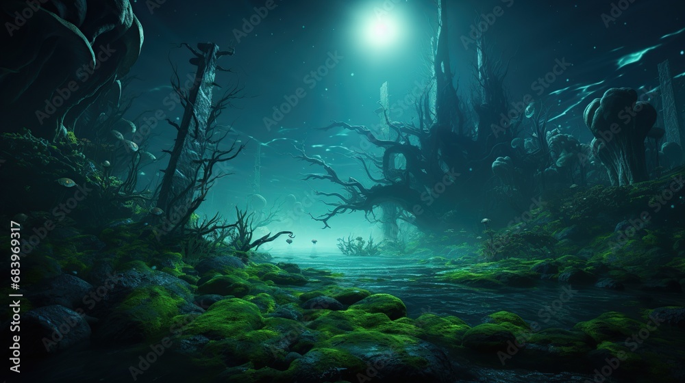 Exploration of an otherworldly aquatic landscape, showcasing mysterious creatures and bioluminescent flora. Crafted in a surreal art style, reminiscent of  imaginative worlds.