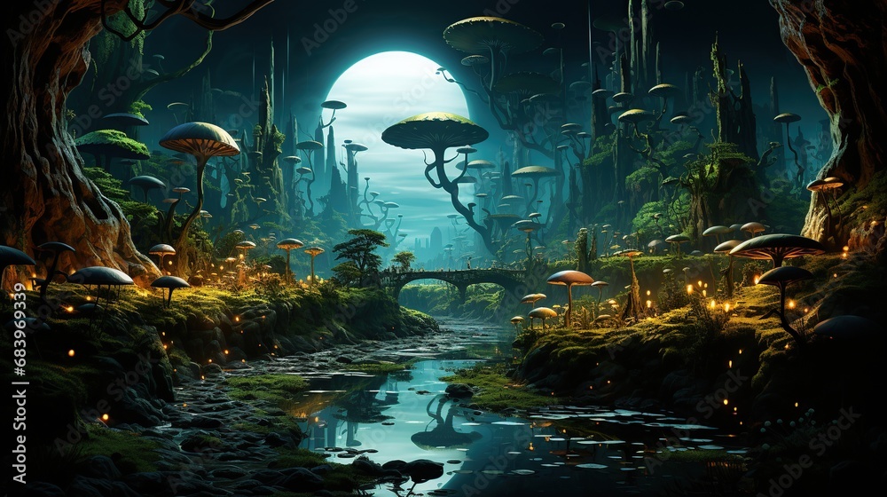 Obraz premium Exploration of an otherworldly aquatic landscape, showcasing mysterious creatures and bioluminescent flora. Crafted in a surreal art style, reminiscent of imaginative worlds.