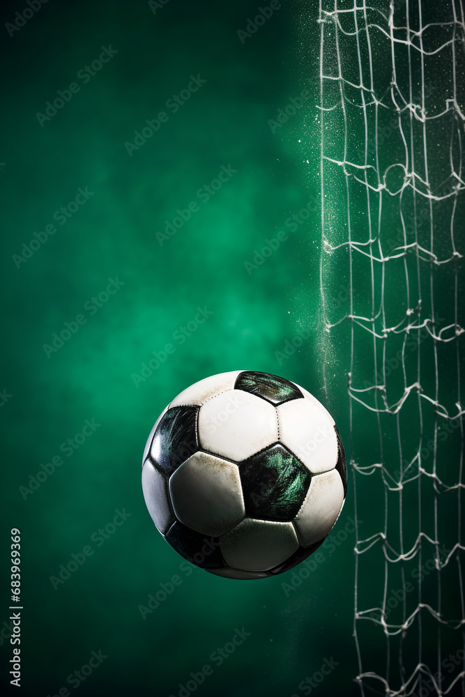 A soccer ball kicked into the goal net on the football field background. Sports concept. High quality photo A soccer ball kicked into the goal net on the football field background. Sports concept. High quality photo