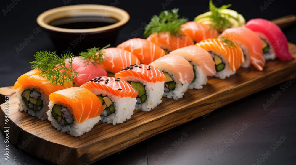 Japanese sushi, rolls, fish, salmon, sashimi, decor, meal, dinner, beautiful food, festive, restaurant, cafe, rice, nori, serving a dish, holiday, seafood, tuna, tasty treat, delicious