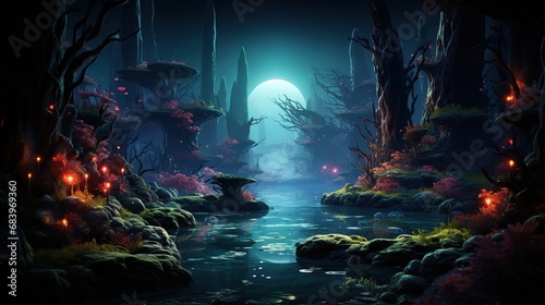 Exploration of an otherworldly aquatic landscape, showcasing mysterious creatures and bioluminescent flora. Crafted in a surreal art style, reminiscent of imaginative worlds.