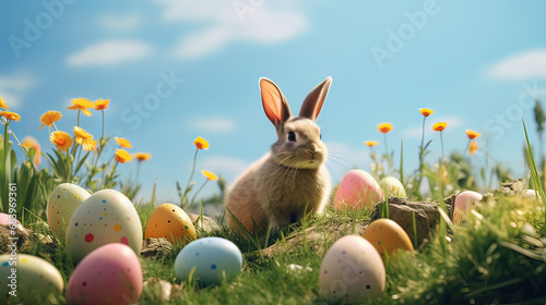 Horizontal AI illustration. Rabbit and easter eggs in the meadow. Religions and cultures concept.