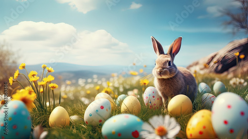 Horizontal AI illustration. Rabbit and Easter eggs in a meadow. Religions and cultures concept. photo