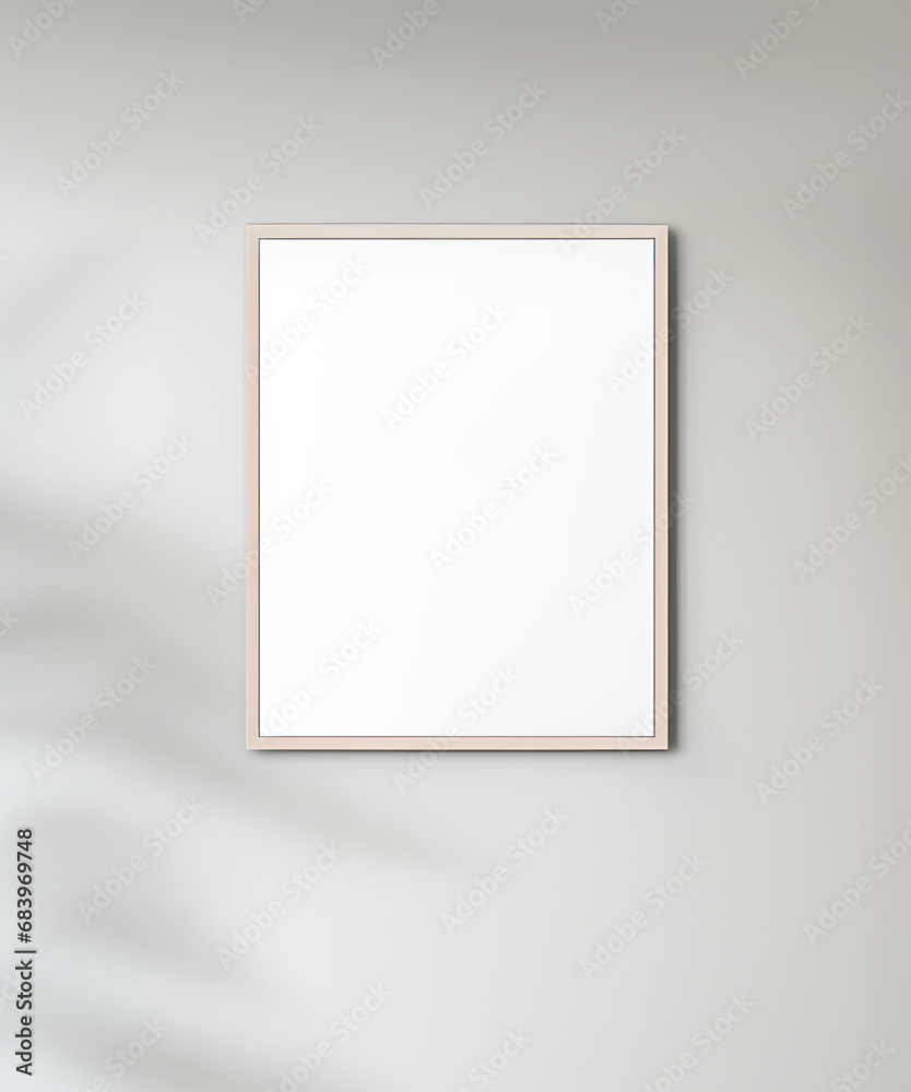 Mockup poster frame close up hang on the wall pastel beige color Mockup poster frame close up hang on the wall pastel beige color