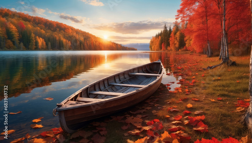 Wooden boat on the lake with stunning autumn views